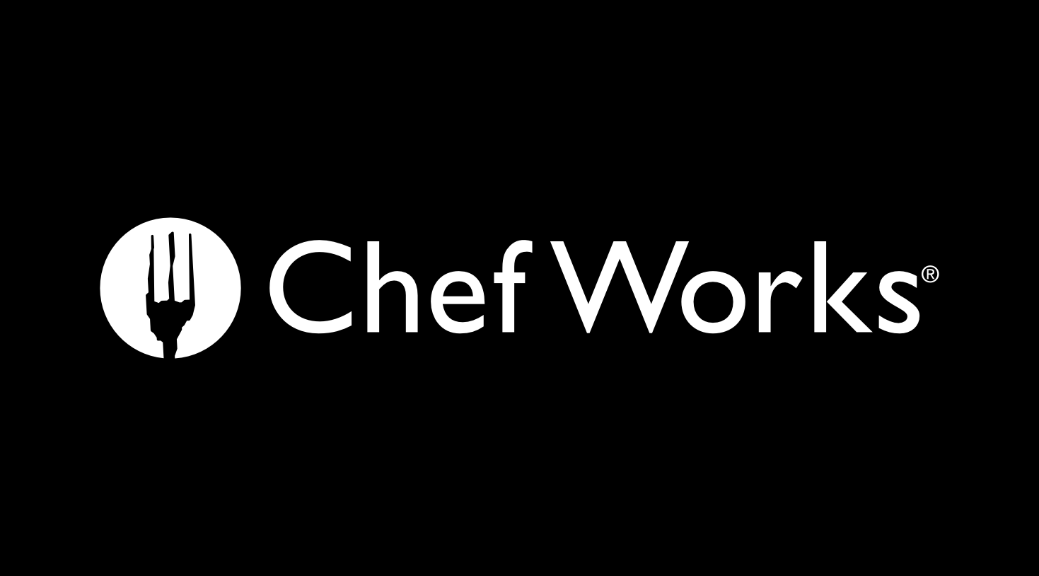 This is Chef Works logo a white round circle on the left with the top of a black fork overlapping the circle. This is a white logo with black background used on many branded materials.