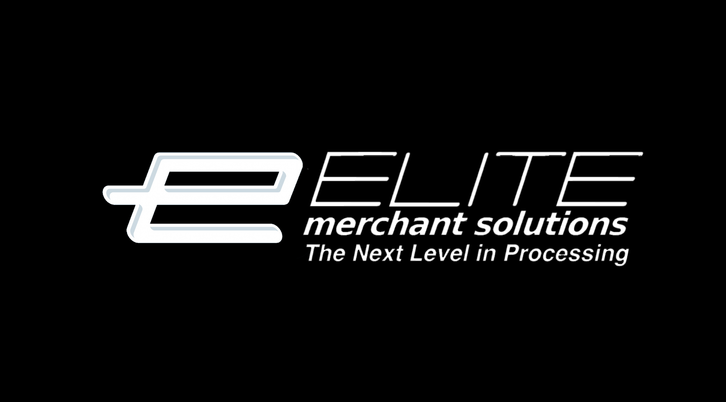 This is Elite Merchant Solutions logo in black and white with a black background used on many branded materials. Additional text below the logo states The Next Level in Processing.