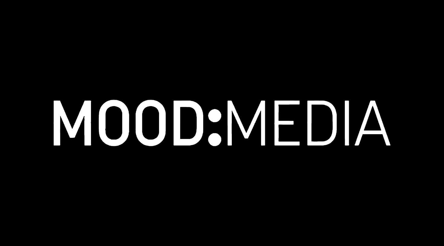 This is Mood Media's logo in black and white with a black background used on many branded materials.