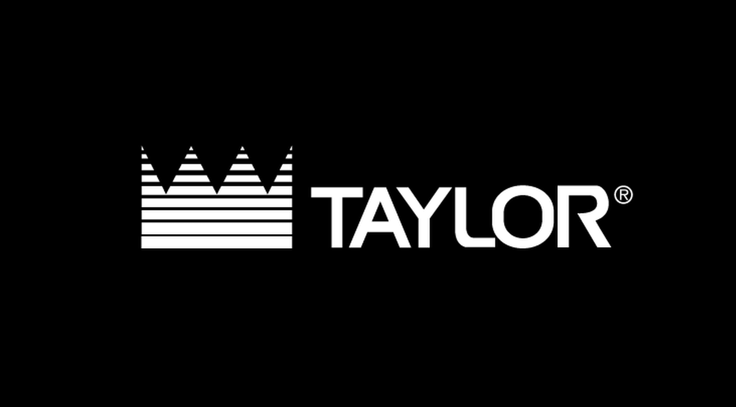 This is Taylor logo in black and white with a four prong crown to the left of the text with a black background used on many branded materials.