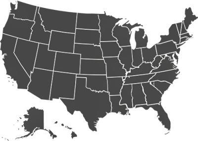 Map of USA in the color black with white lines outlining the individual states