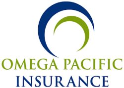 Company logo that has a larger blue three-quarter swirl with an inner half green swirl with openings in opposite directions. Underneath swirls that say Omega Pacific Insurance in blue and green writing.